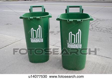 Stock Image - Recycling bins for compostable waste, Toronto; Canada, Ontario. Fotosearch