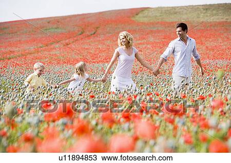 Family walking in poppy field holding hands smiling View Large Photo Image Stock Image - Family walking in poppy field holding hands smiling. Fotosearch