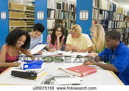 Stock Photo - Six people in library studying. Fotosearch