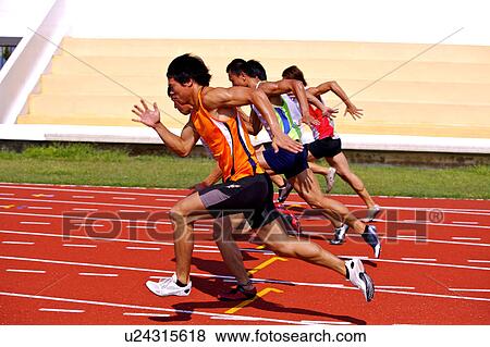 Stock Photo - Five male athletes running on race track. Fotosearch
