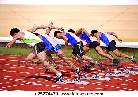 Stock Photo - Five male athletes running on race track. Fotosearch