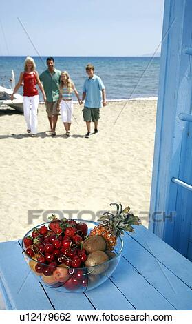 Stock Image - Bowl of fruit and parents with children on beach. Fotosearch
