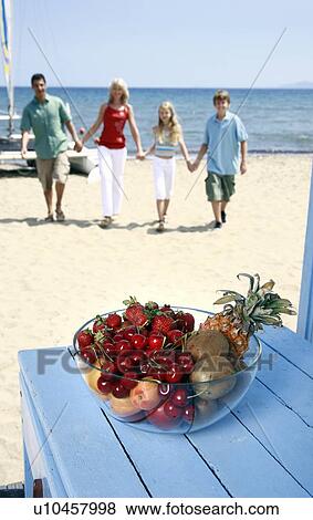 Stock Photo - Bowl of fruit and parents with children on beach. Fotosearch