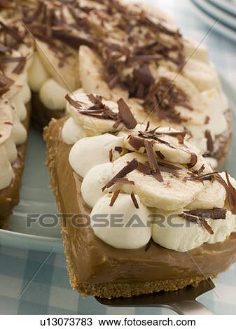 Stock Image - Banoffee Pie With A Slice Being Taken. Fotosearch