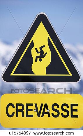 Crevasse sign on snowy mountain (selective focus) View Large Photo Image Stock Photo - Crevasse sign on snowy mountain (selective focus). Fotosearch