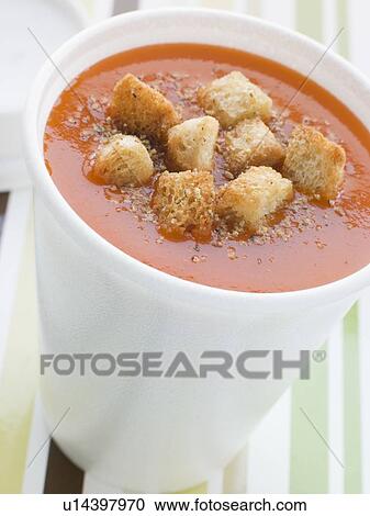 Stock Image - Cup Of Tomato Soup With Croutons In A Polystyrene Cup. Fotosearch