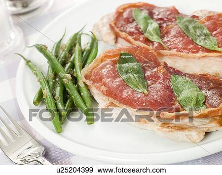 Escalope of Veal Saltimbocca with Green Beans View Large Photo Image Stock Photo - Escalope of Veal Saltimbocca with Green Beans. Fotosearch
