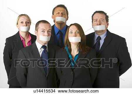 Picture - Group Of Business People With Their Mouths Taped Shut. Fotosearch