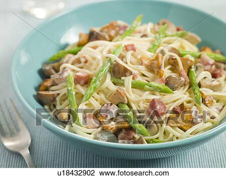 Linguine with Girolle Mushrooms Asparagus and Pancetta View Large Photo Image Stock Image - Linguine with Girolle Mushrooms Asparagus and Pancetta. Fotosearch