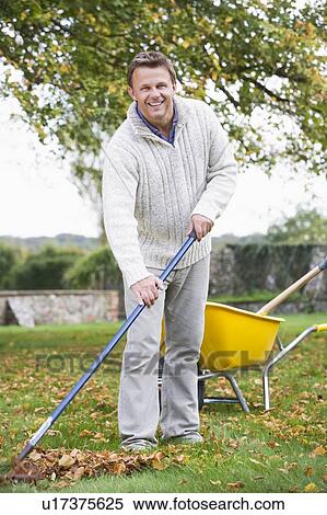 Man outdoors raking leaves near wheelbarrow and smiling (selective focus) View Large Photo Image Stock Photography - Man outdoors raking leaves near wheelbarrow and smiling (selective focus). Fotosearch