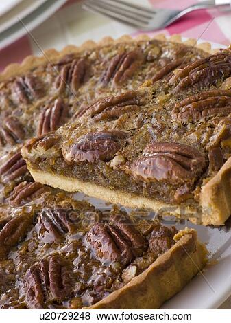 Stock Photo - Pecan Pie With A Slice Being Cut. Fotosearch