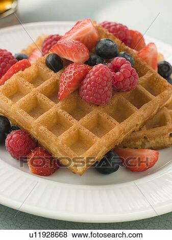 Plate Of Waffles With Berries And Maple Syrup View Large Photo Image Stock Photo - Plate Of Waffles With Berries And Maple Syrup. Fotosearch