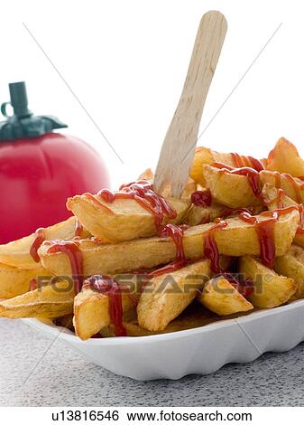 Stock Photograph - Portion Of Chips In A Polystyrene Tray With Tomato Ketchup. Fotosearch
