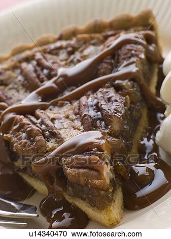 Stock Image - Slice Of Pecan Pie With Caramel Sauce And A Fork. Fotosearch