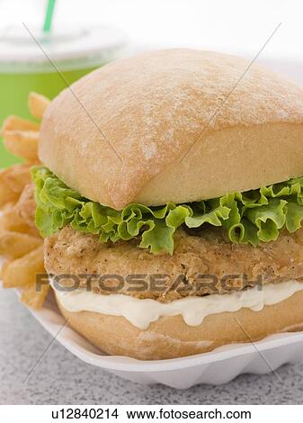 Picture - Southern Fried Chicken Fillet Burger With Fries And A Soft Drink. Fotosearch