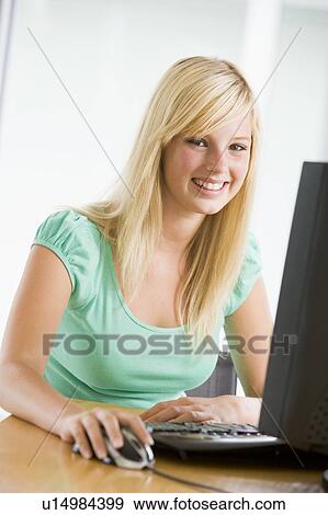 Teenage Girl Using Desktop Computer View Large Photo Image Stock Photo - Teenage Girl Using Desktop Computer . Fotosearch