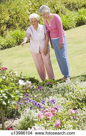 Picture - Two senior women in a flower garden. Fotosearch