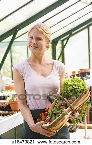 Woman in greenhouse holding basket of vegetables smiling View Large Photo Image Stock Image - Woman in greenhouse holding basket of vegetables smiling. Fotosearch