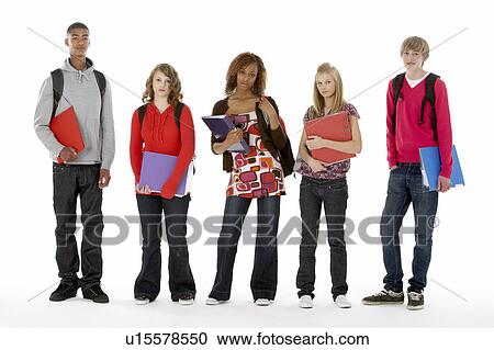 Stock Image - Full Length Studio Portrait Of Five Teenage Students. Fotosearch