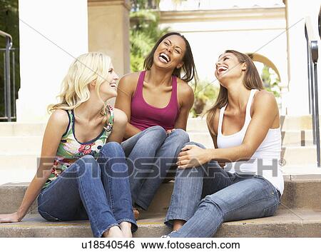Three Girlfriends Sitting On Steps Of Building View Large Photo Image Stock Photograph - Three Girlfriends Sitting On Steps Of Building. Fotosearch