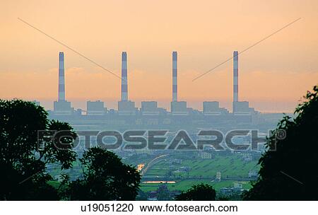 Stock Image - environmental protection, stack, chimney, exhaust fume, stack gas, conditions, circumstances. Fotosearch
