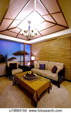 Modern living room with French window, illuminated by chandelier View Large Photo Image Stock Photography - Modern living room with French window, illuminated by chandelier. Fotosearch