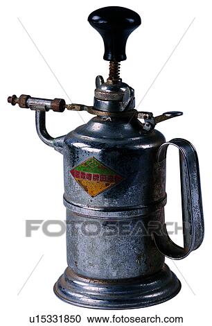 Stock Image - aged, time, sprayer, metal, silver, antique. Fotosearch