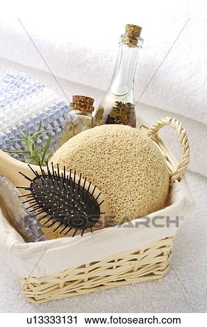 Basket with comb, bath sponge and aromatherapy oil View Large Photo Image Stock Image - Basket with comb, bath sponge and aromatherapy oil. Fotosearch