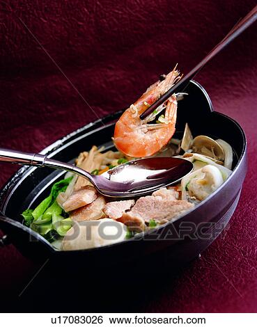 Stock Photograph - clam, food, delicacies, chopsticks, hot pot, pork, cooking. Fotosearch