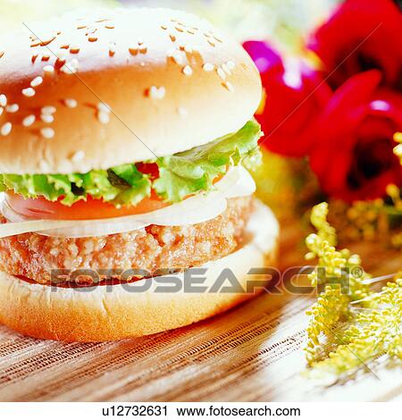 Stock Image - cuisine, delicacies, cooking, hamburger, western food, vegetables, cook. Fotosearch