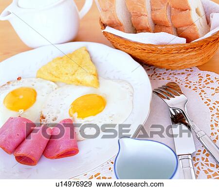 cuisine, knife, ham, bread, fried egg, cooking, fork View Large Photo Image Stock Photo - cuisine, knife, ham, bread, fried egg, cooking, fork. Fotosearch