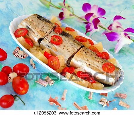 Stock Image - food, cuisine, delicious, pineapple, cooking, fish, tomato. Fotosearch