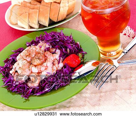 Stock Image - fork, black tea, shrimp, cook, vegetables, beverage, cooking. Fotosearch
