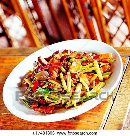 Stock Image - pork, cooking, food, cuisine, cook, dried tofu, celery. Fotosearch