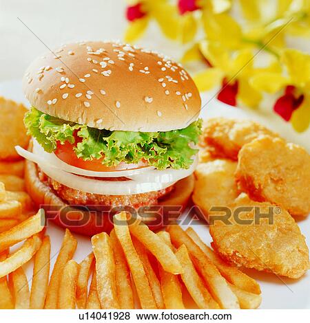 Stock Photo - western food, cuisine, onion, hamburger, meat, food, delicious. Fotosearch