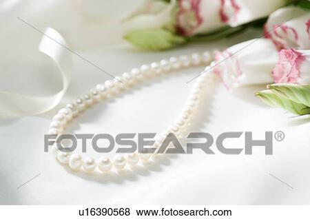 Stock Photo - Pearl necklace and rose on fabric. Fotosearch
