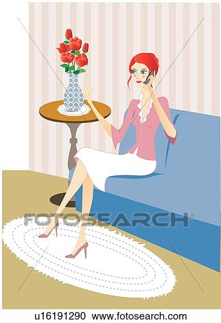 Living rooms, Chatting, Cell phones, Humans, Sofas, Vogue, Woman View Large Illustration Clipart - Living rooms, Chatting, Cell phones, Humans, Sofas, Vogue, Woman. Fotosearch