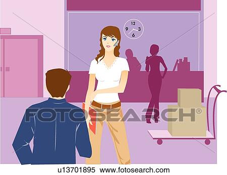 Stock Illustration - Lady, Colleagues, Male, Busy, Coworkers, Discussing. Fotosearch