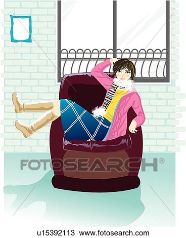 Drawing - Gracful, Girl, Girls, Healthy, Women, Sofa. Fotosearch