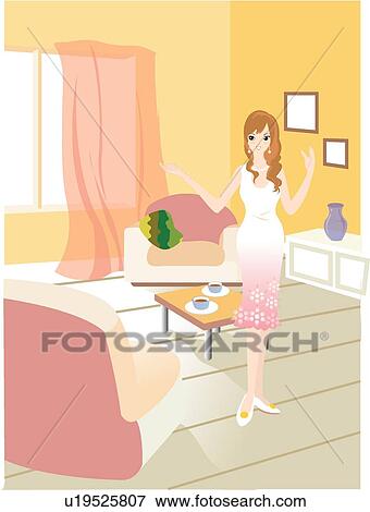 Stock Illustration - Healthy, Gracful, Women, Woman, Living Room, Pretty, Sofa. Fotosearch
