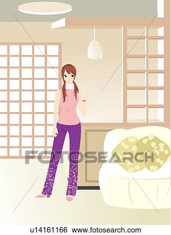 Stock Illustration - Living Room, Girl, Healthy, Beautiful, Woman, Smiling, Pretty. Fotosearch