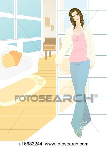 Stock Illustration - Living Room, Pretty, Female, Woman, Girl, Women, Healthy. Fotosearch