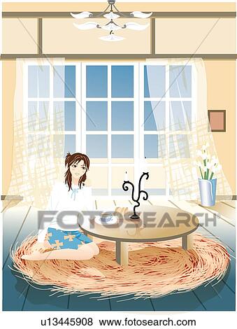 Stock Illustration - Sweety, Female, Girl, Beautiful, Living Room. Fotosearch