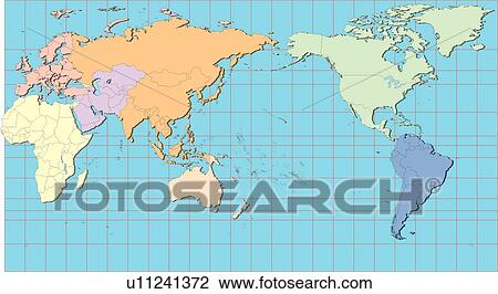 Drawing - sea, Map, world, equatorial line, land, country, illustration. Fotosearch