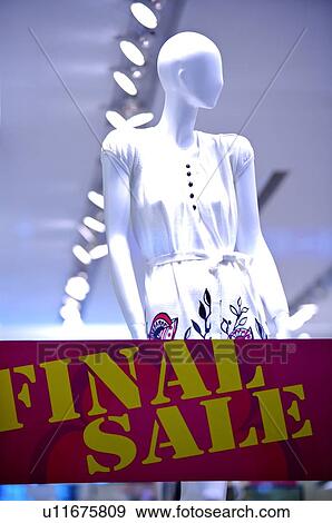 Final Sale' sign on the window of a clothing store, in front of a mannequin wearing a white dress View Large Photo Image Stock Photo - Final Sale' sign on the window of a clothing store, in front of a mannequin wearing a white dress. Fotosearch