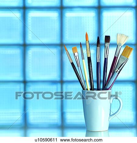Stock Image - Watercolor Pen, Cup, Artists, Creation of Art, Desk, Paint Articles, Design. Fotosearch