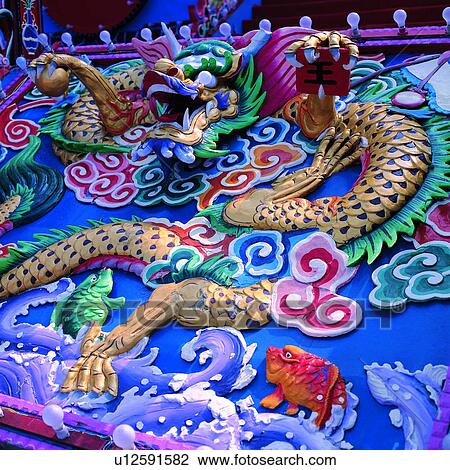 Stock Image - Religion, Dragon, Taoism, Temple, Temples, Wood sculpture, Religions. Fotosearch