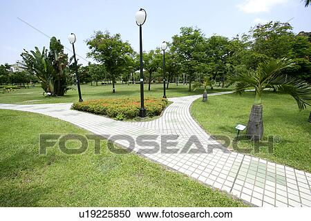 Stock Image - outdoors, Scenic Road, leaves, the route, street lamp, the trees. Fotosearch