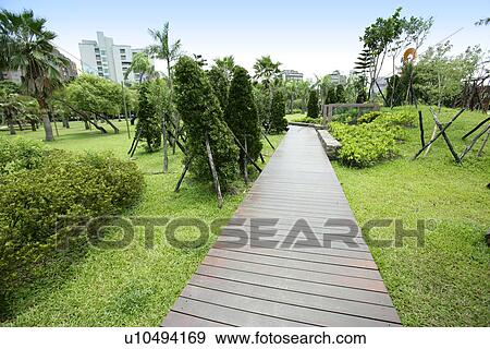 Stock Photo - the garden, the pavement, trees, shady path of forest, greenland, in spring, shady. Fotosearch