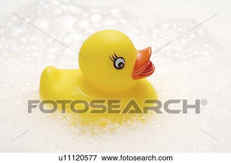 Stock Photo - Yellow rubber duck floating among soap bubbles. Fotosearch